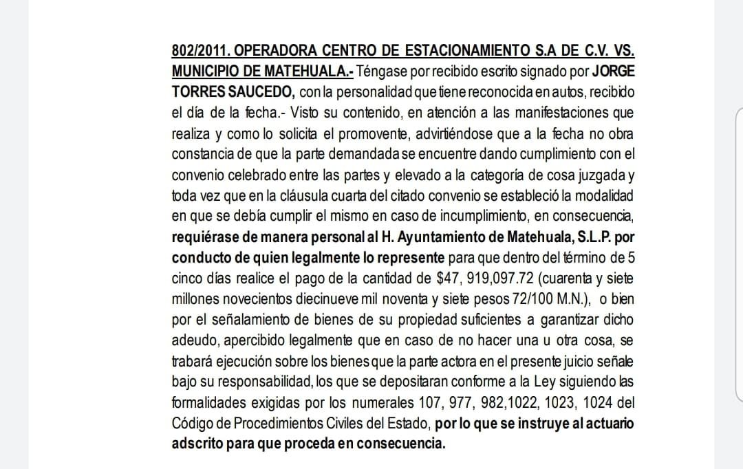 OCE requiere al Municipio de Matehuala pago de 48 millones, o señalamiento de bienes que amparen la deuda
