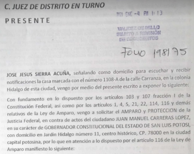 Ciudadano se ampara por omisión del Gobernador de SLP